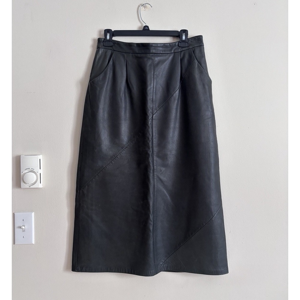 VTG RARE HTF Friitala Finland Genuine Leather Midi Skirt Green US 14 Chic